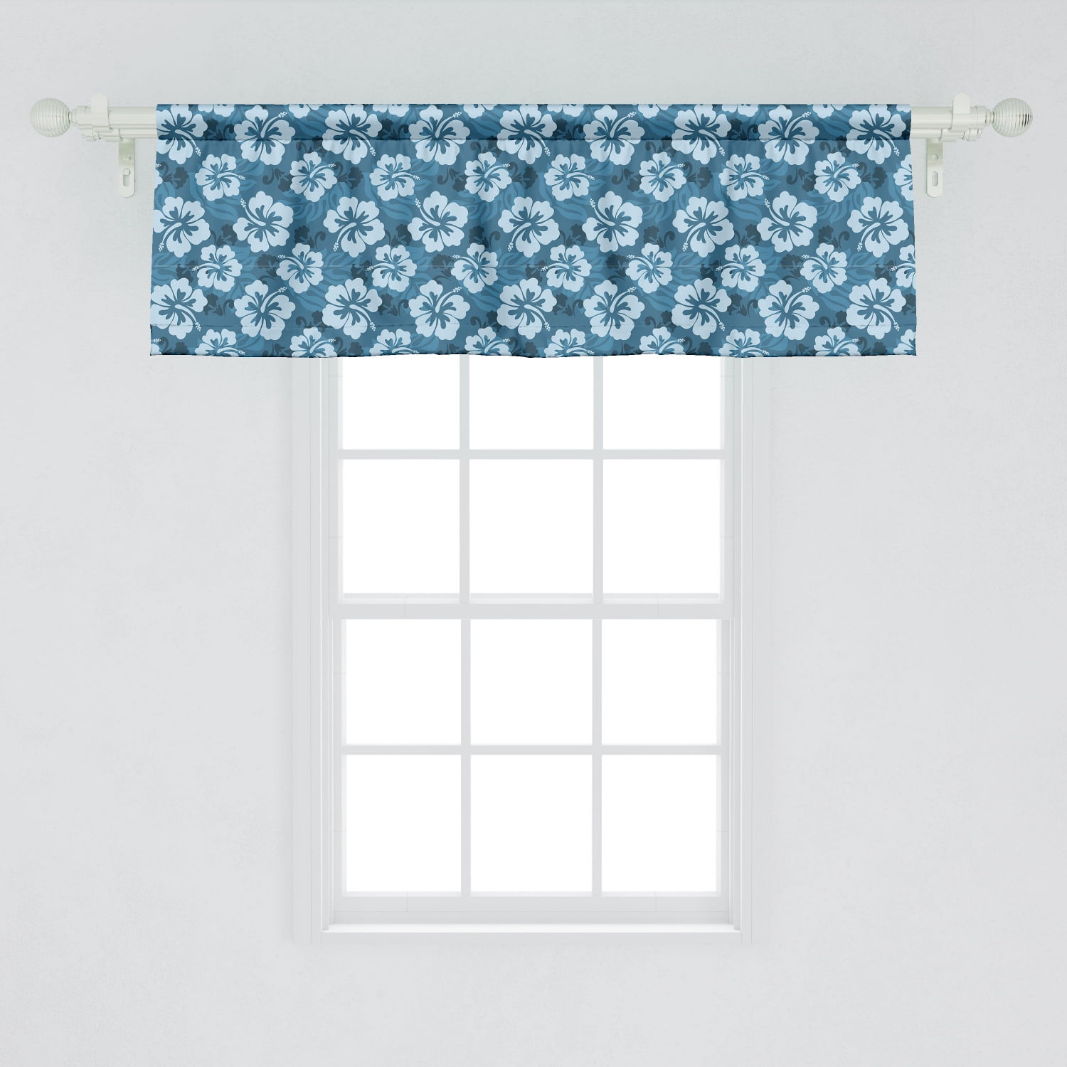 Ambesonne Blue Window Valance, Pattern of Hawaiian Hibiscus Flowers and