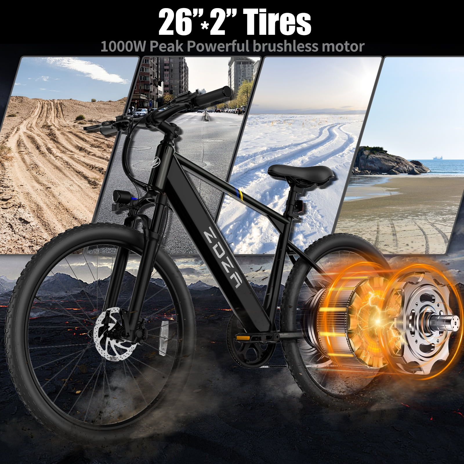 ZDZA Electric Bike 26”, 1000W Peak Motor E-Mountain Bike