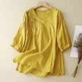 thumbnail image 2 of Fashion $15 & under Olyvenn Women's Summer 3/4 Sleeve Cotton Linen Tops Vintage Fashion Embroidered Shirts Casual V Neck Boho Blouse Oversized Yellow 6, 2 of 5