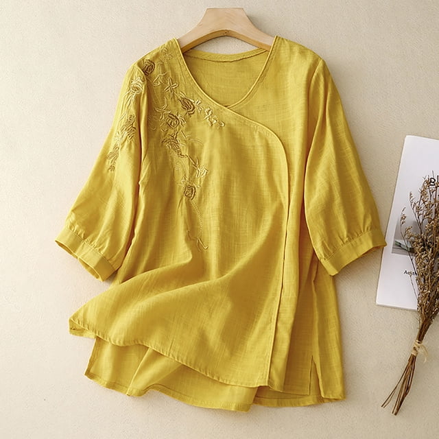 Fiudx Tops para Mujer Top de Manga Corta con Cuello Redondo y Lino de Color Liso para Mujer Top/Camisa de Cuello Redondo de Manga Corta
