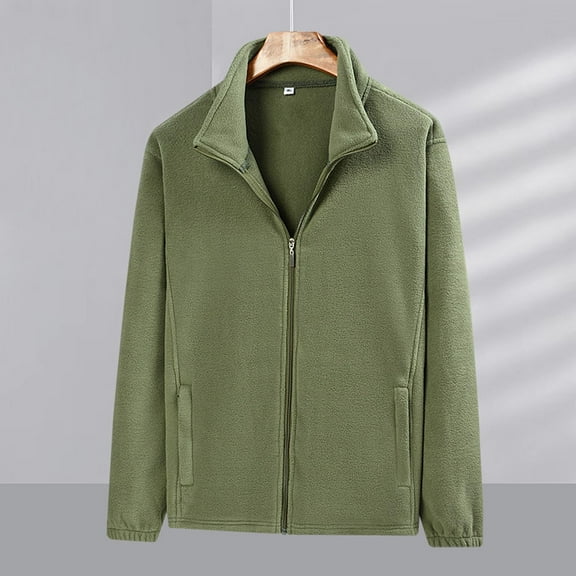 Zedker Men's Fleece Jackets Full Zip Up Stand Collar Lightweight Winter Jacket Outdoor Hoodless Casual Soft Warm Coats with Pockets Army Green L