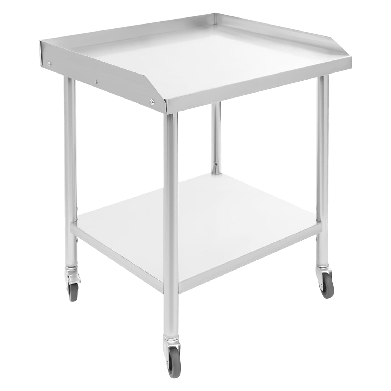 Stainless Steel Work Table, 2-Tier Heavy Duty Work Table, 3-Sided Backsplash Commercial Food Prep Table with Wheels, Metal Work Table for Restaurant Home Hotel (23.6 x 23.6 x 29.92 Inch)