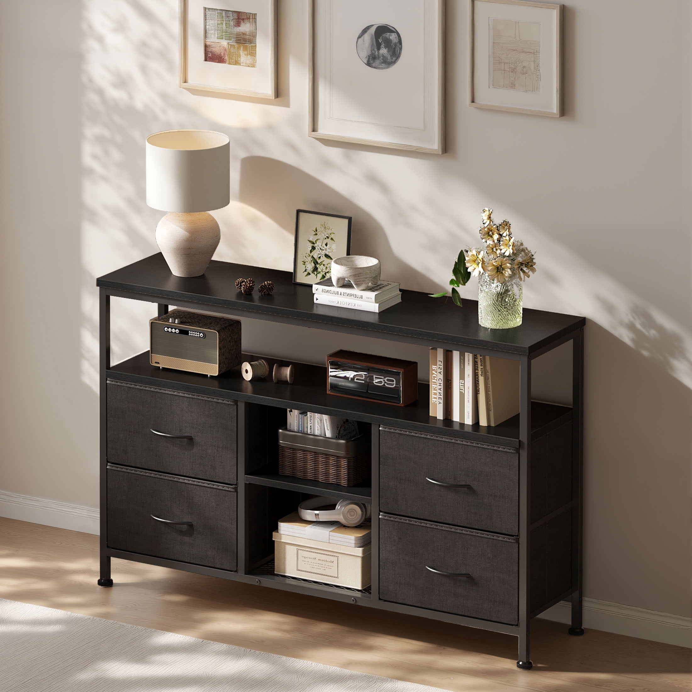 MCQ 43" TV Stand with 4 Fabric Drawers, Built-in Outlet - Perfect for Living Room and Bedroom, Black