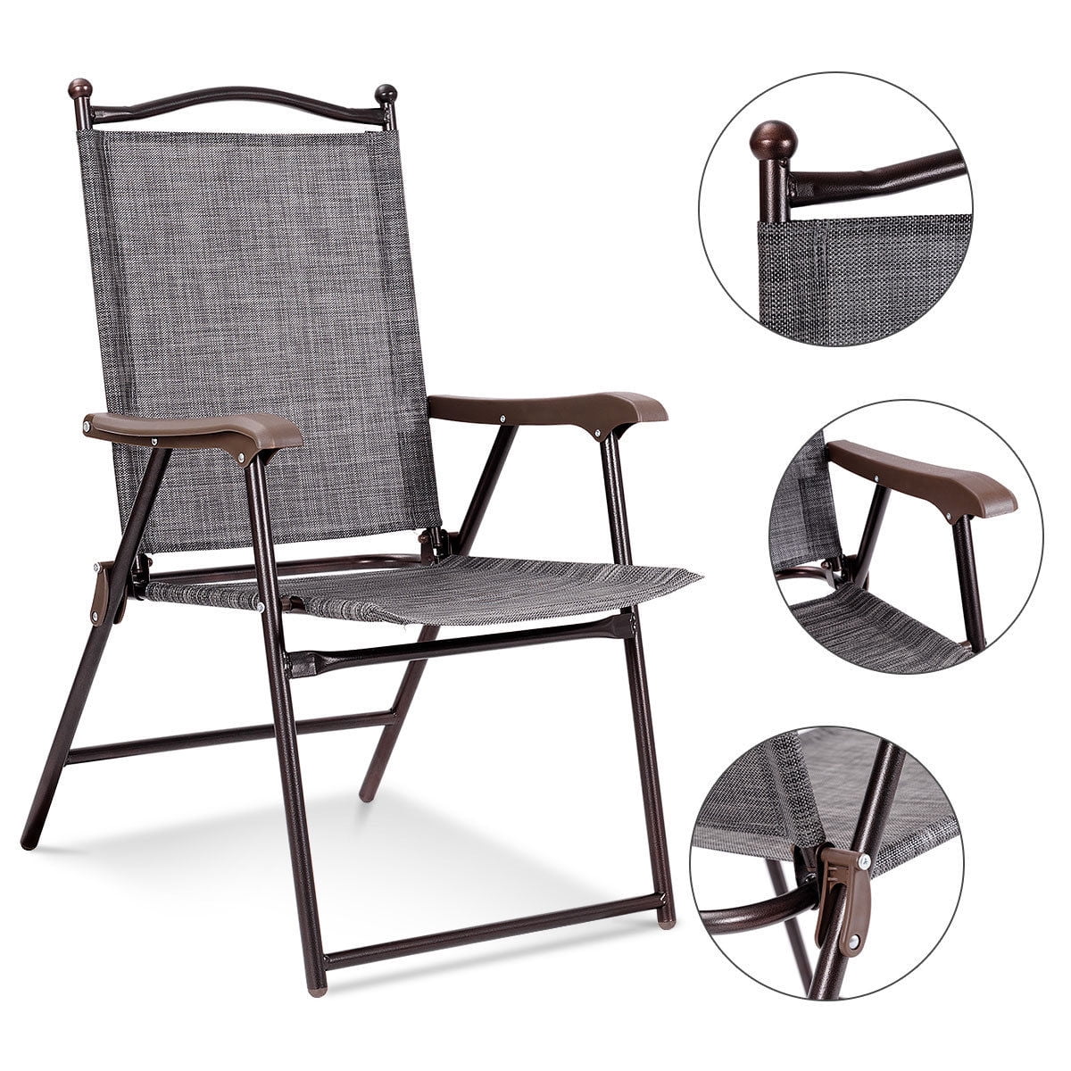 Gymax Set of 2 Folding Patio Furniture Sling Back Chairs Outdoors Gray