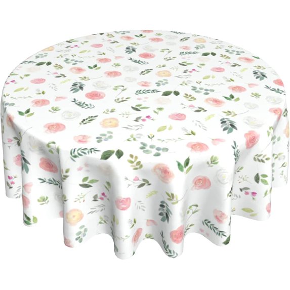 Sweetshow Watercolor Pink Spring Flowers Round Tablecloth 60 Inch Pink and Green Leaf Decor Table Cloths Polyester Fabric Summer Floral Table Cover for Dining Room Home Outdoor Wedding Party