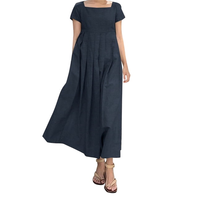 TSADFHJI Jupe-Culotte pour Femmes sous Robe Été Décontractée Couleur Unie Manches Courtes Ample Coton Lin Robe m Marine