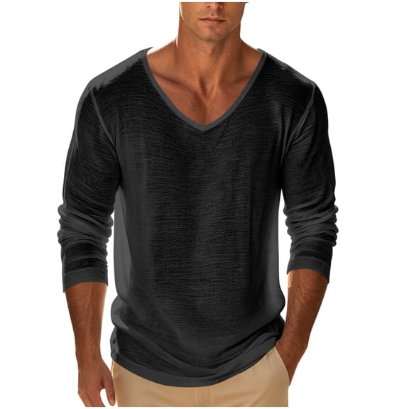 Mens Long Sleeve Shirt Lightweight Casual V-Neck Cotton Pullover Solid Color Tee Classic Long Sleeve Shirts for Men