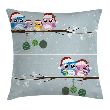 Owl Decorations For Home Christmas Decorations Throw Pillow Cushion Cover, Owl Family on Tree Branch Celebration Holly Season New Year Winter Night, Decorative Square Accent Pillow Case, 16 X 16 Inches, Multi, by Ambesonne ()