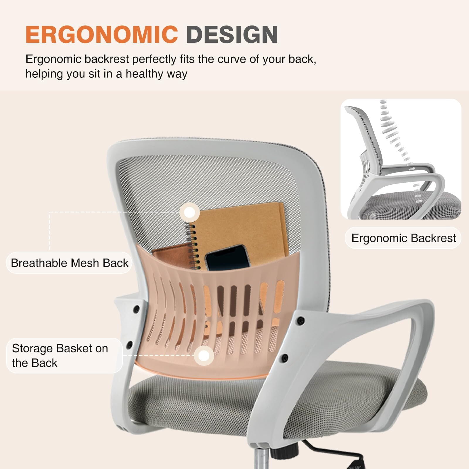 Kelno Ergonomic Mesh Office Chair Mid Back Desk Chair with Lumbar Support Adjustable Height Swivel Task Chair, Gray