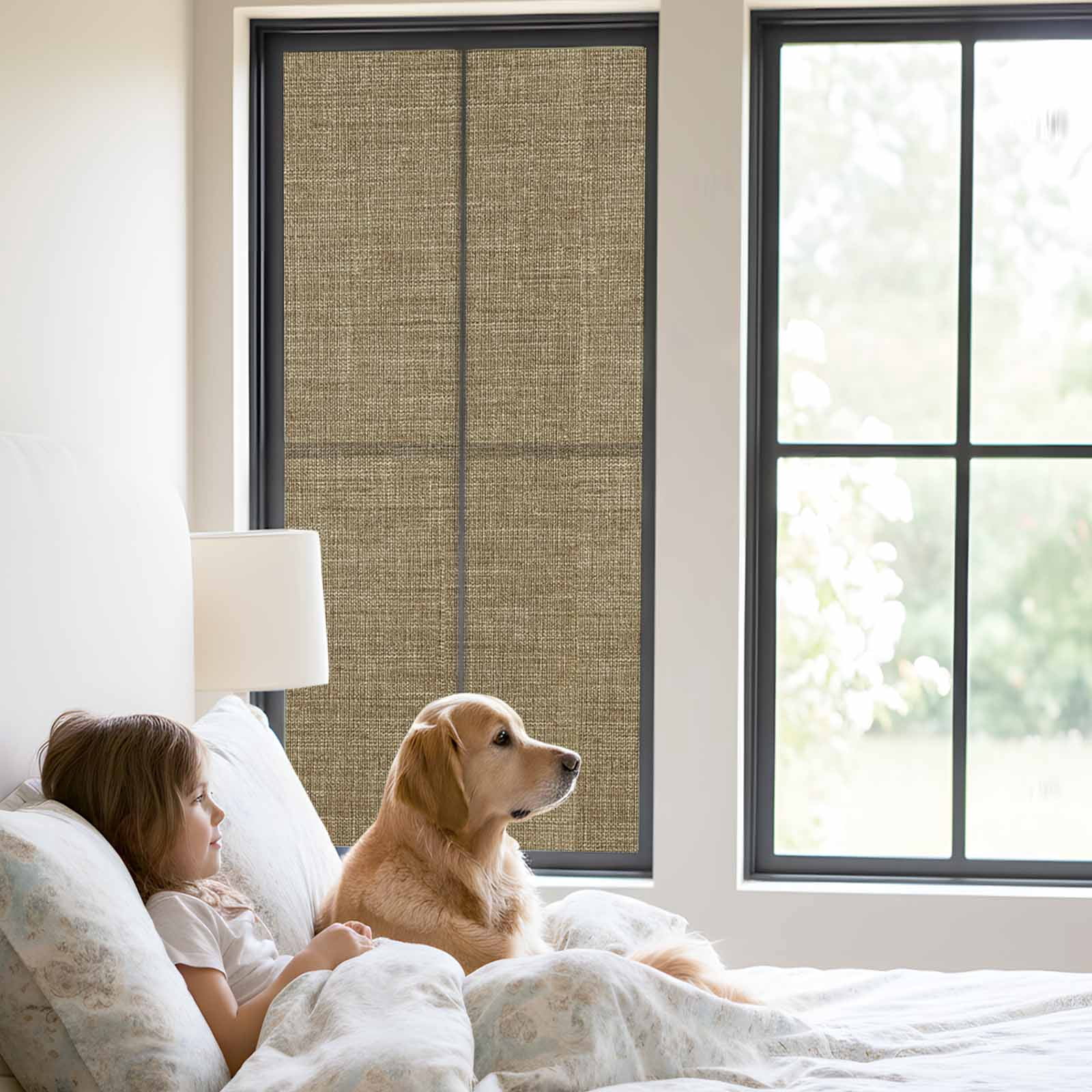 Static Cling Door Window Covering, Brown Window Privacy Film Frosted, Farmhouse Burlap Solid Beige Color Modern Linen Texture UV Blocking Windows Film for Office, Hotel, Bedroom, 29.5 x 78.7 Inches