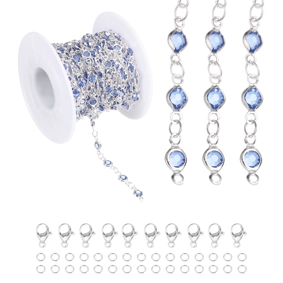Uxcell 16.4Ft Rhinestone Chain Roll, Jewelry Making Chain Links Bulk with Lobster Claps Jump Rings for Jewelry Making Findings DIY Craft Necklace Bracelets, Silver Tone(Light Blue)