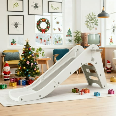 LAZY BUDDY Freestanding Toddlers First Slide, Kids Play Slide Climber with Basketball Hoop & Ball for Children 3-7 Years, Indoor Outdoor Playground