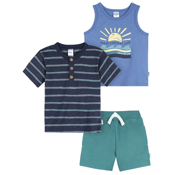 Gerber Baby and Toddler Boy Playwear Outfit Set, 3-Piece, Sizes 12 Months - 5T