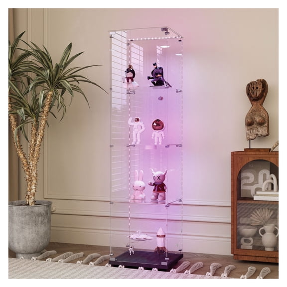 Tempered Glass Display Cabinet with LED Light, Wine/Storage/File Cabinet with Lock, Freestanding, Black