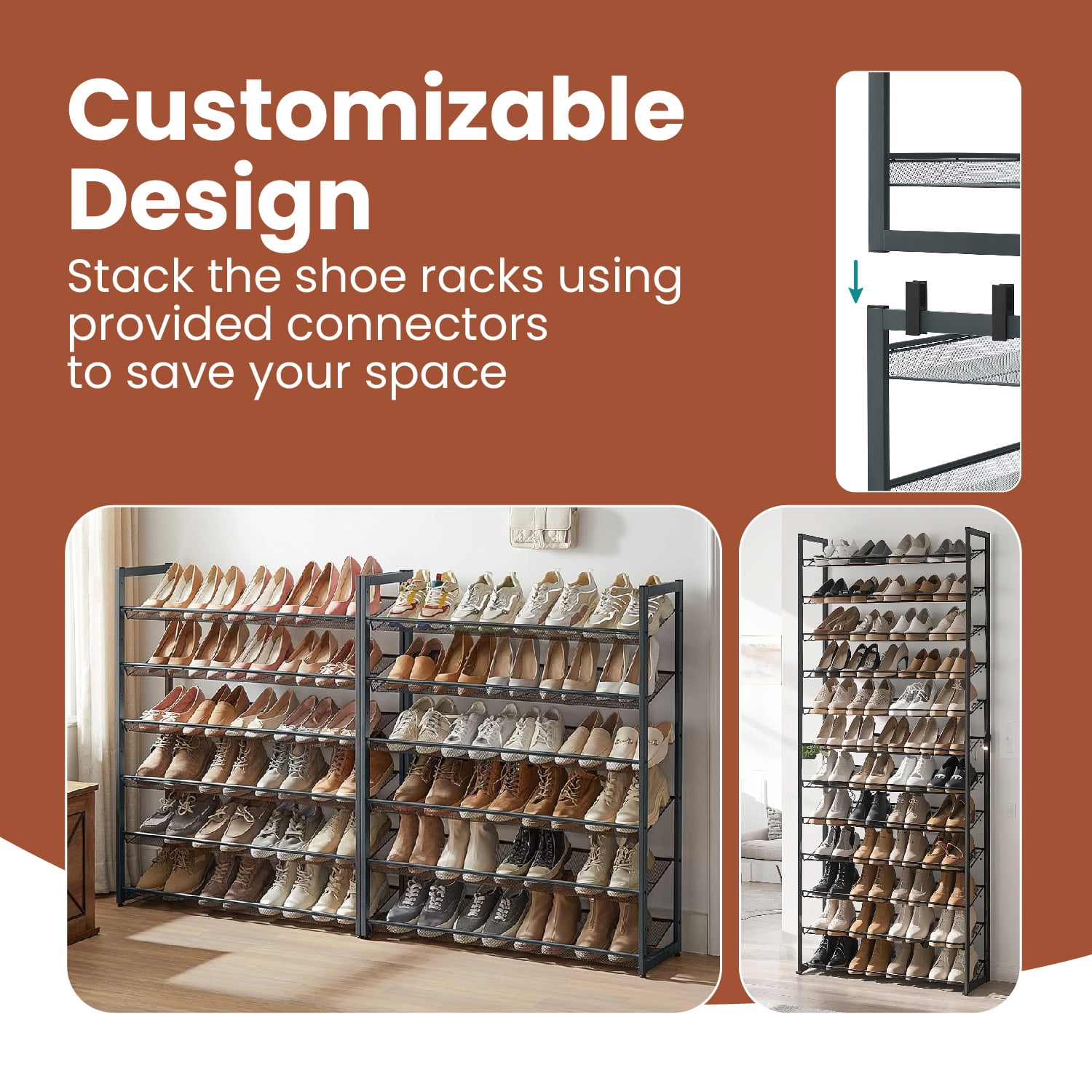 LEDREM 12-Tier Stackable Adjustable Shoe Rack for Garage & Entryway, Heavy-Duty Metal Frame, Holds 48-60 Pairs, Space-Saving Design, Cool Gray