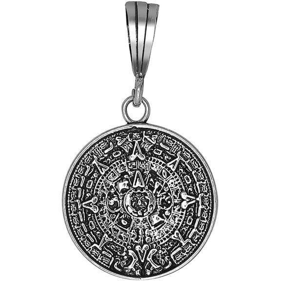 Sterling Silver Aztec Calendar Charm Pendant Necklace Antique Finish with 24 Inch Figaro Chain