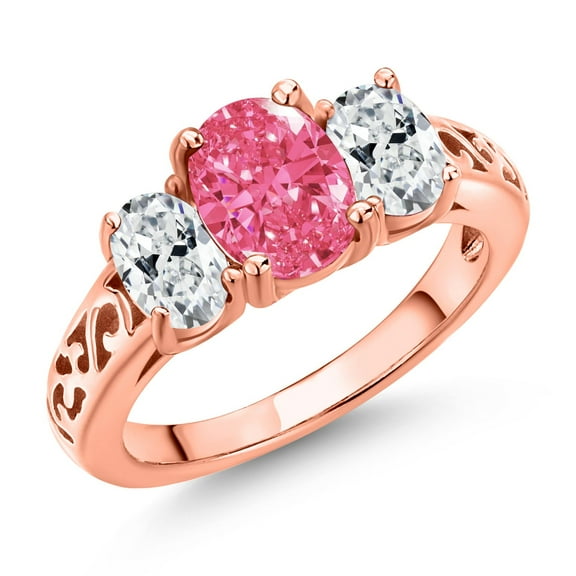 Gem Stone King 18K Rose Gold Plated Silver Fancy Pink Zirconia and White Zirconia Filigree Style 3 Stone Ring for Women (2.07 Cttw, Oval 8X6MM and 6X4MM) (Size 7)