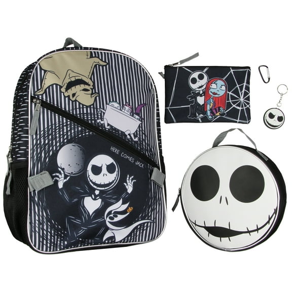 Disney Nightmare Before Christmas Jack Skellington 5 Pc Backpack Set With Lunch Box Pencil Case Carabiner And Keychain
