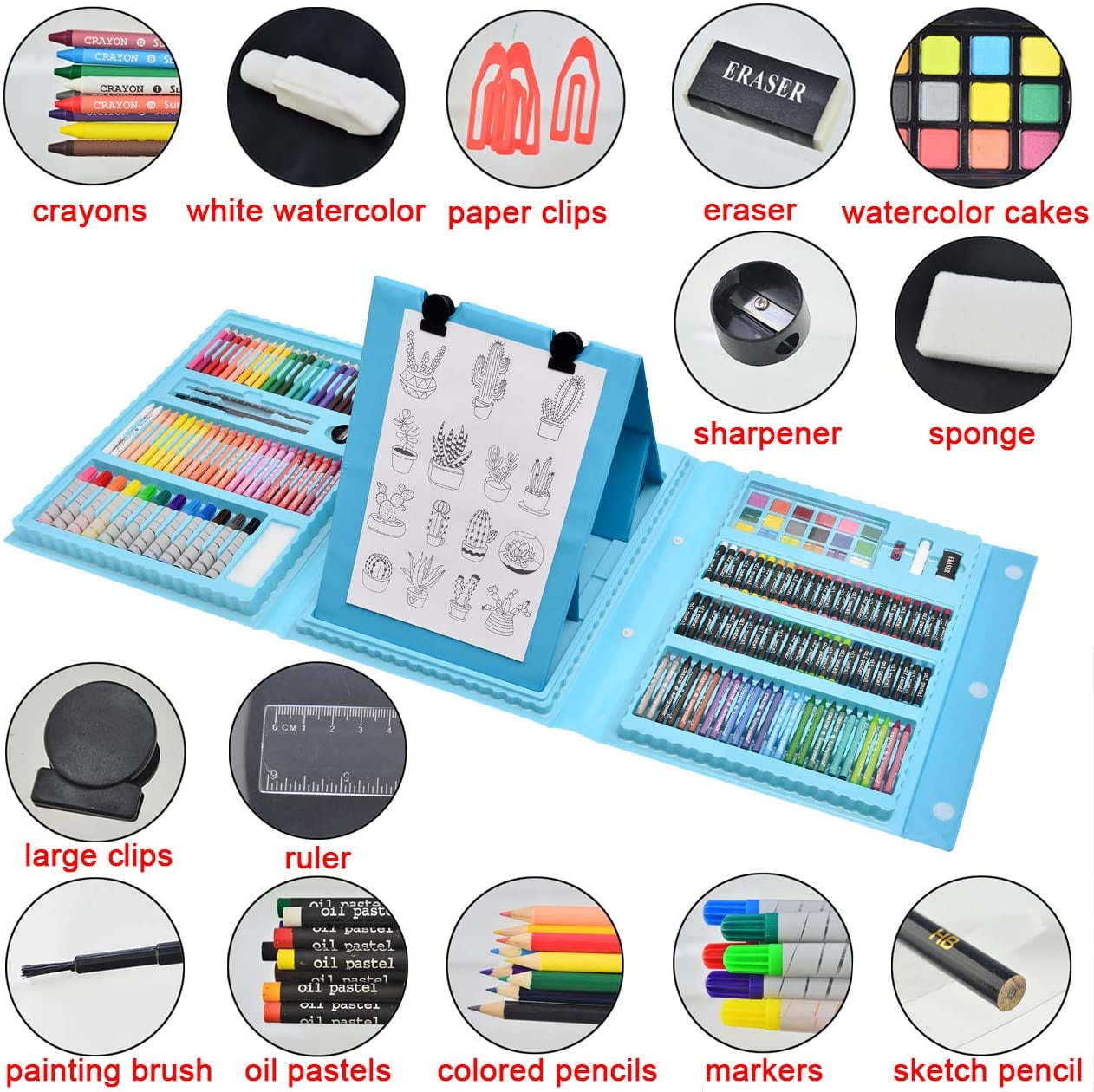 Bibana 185 Pieces Drawing Art Set，Double Sided Trifold Easel Art Box with Oil Pastels, Crayons, Colored Pencils, Markers, Paint Brush, Watercolor Cakes, Sketch Pad (Blue Art Supplies)