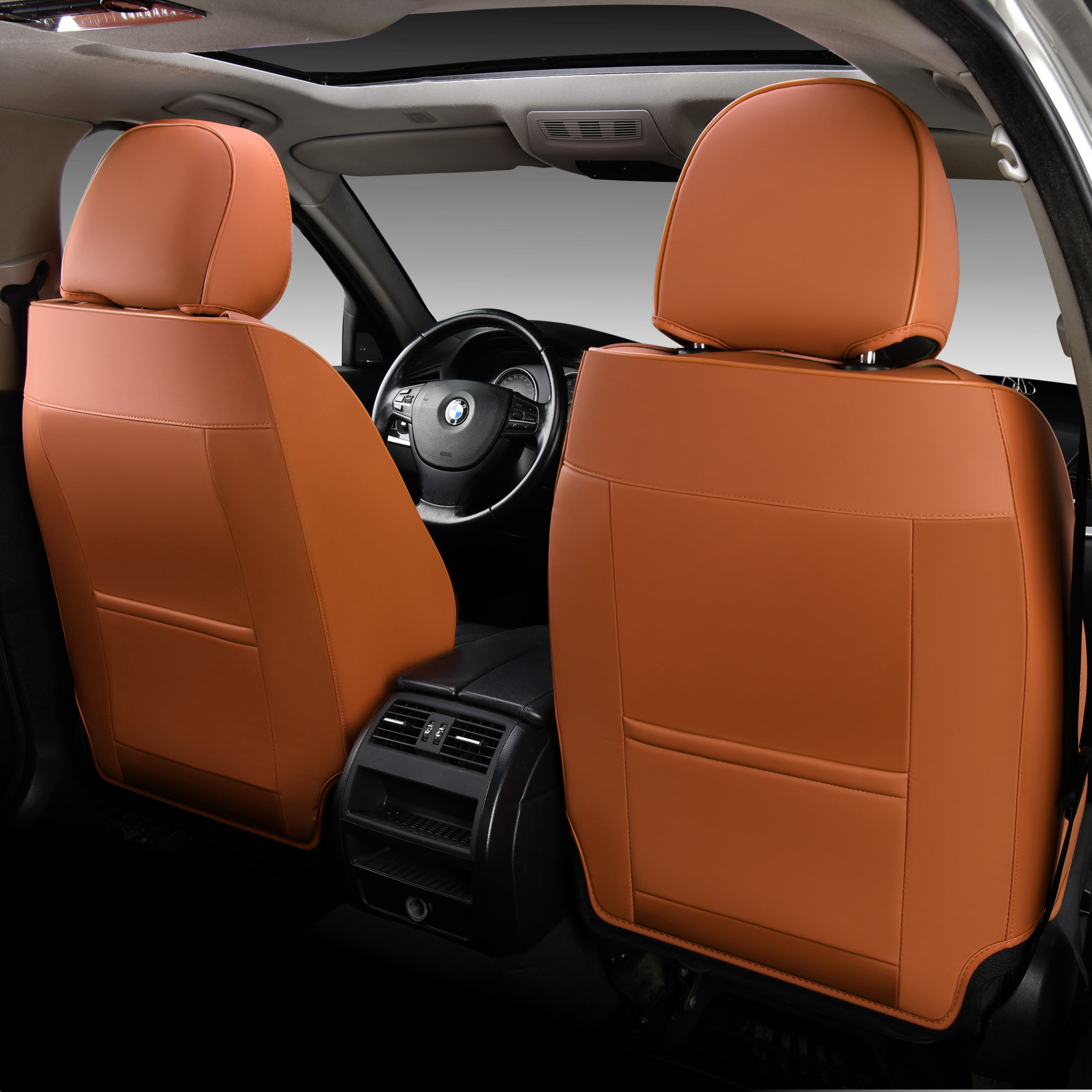 FLORICH Full Set Car Seat Covers, Waterproof Faux Leather Seat Protectors, Comfortable Auto Interior Cushions Fit for Most Cars Suv Trucks, Black & Brown