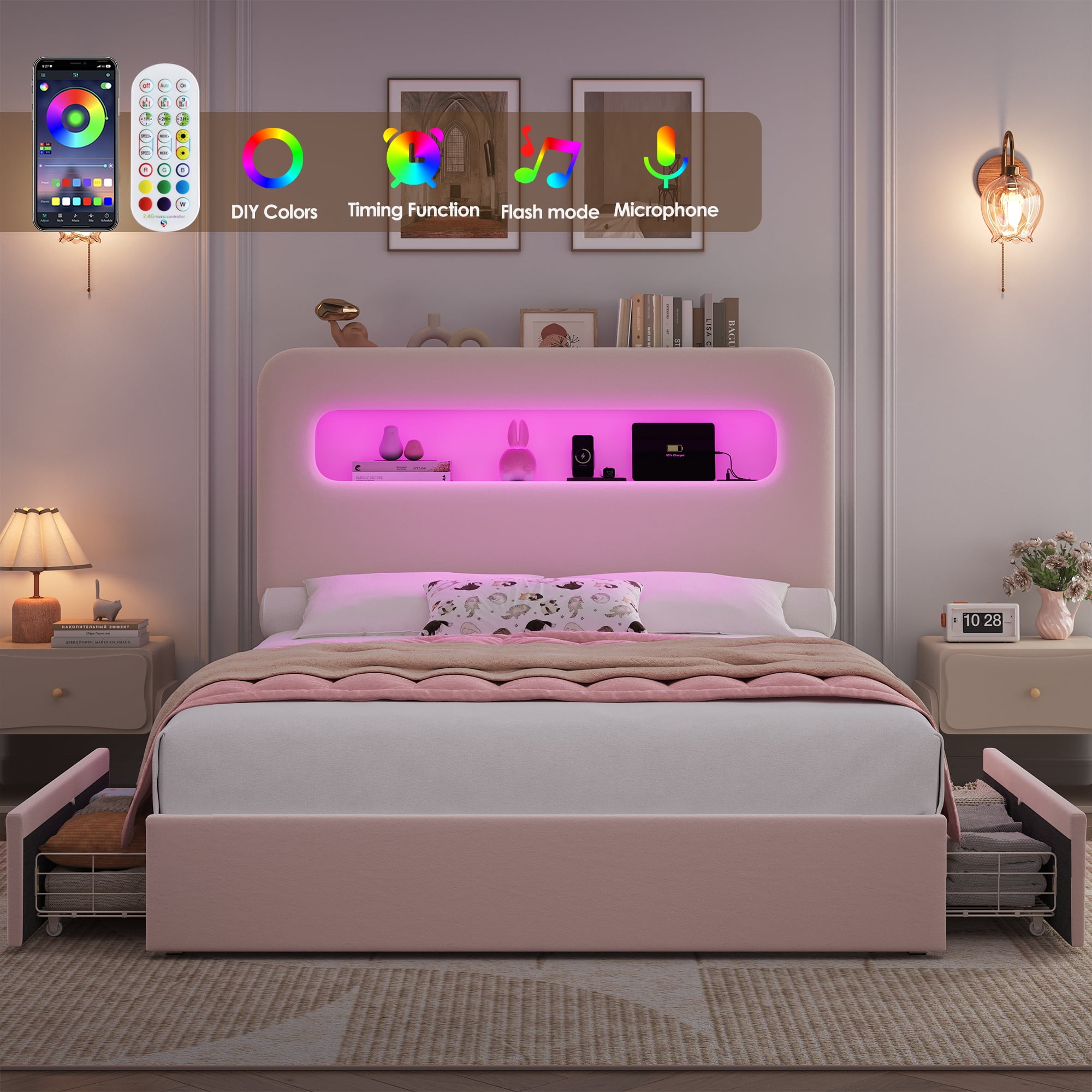 Homfa Full Size Velvet Upholstered Bed with LED Lights & 2 Drawers, Storage Headboard Platform Bed Frame with USB Ports & Outlets, Pink