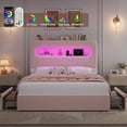 thumbnail image 4 of Homfa Queen Size Velvet Upholstered Bed with LED Lights & 2 Drawers, Storage Headboard Platform Bed Frame with USB Ports & Outlets, Pink, 4 of 9