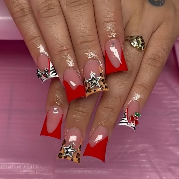 Black Press on Nails Duck Fake Nails with Star Design French Tip Nail Press ons Glossy Glue on Nails Reusable Artificial Acrylic Full Cover False Nails Short Stick on Nails for Women Manicure 24Pcs