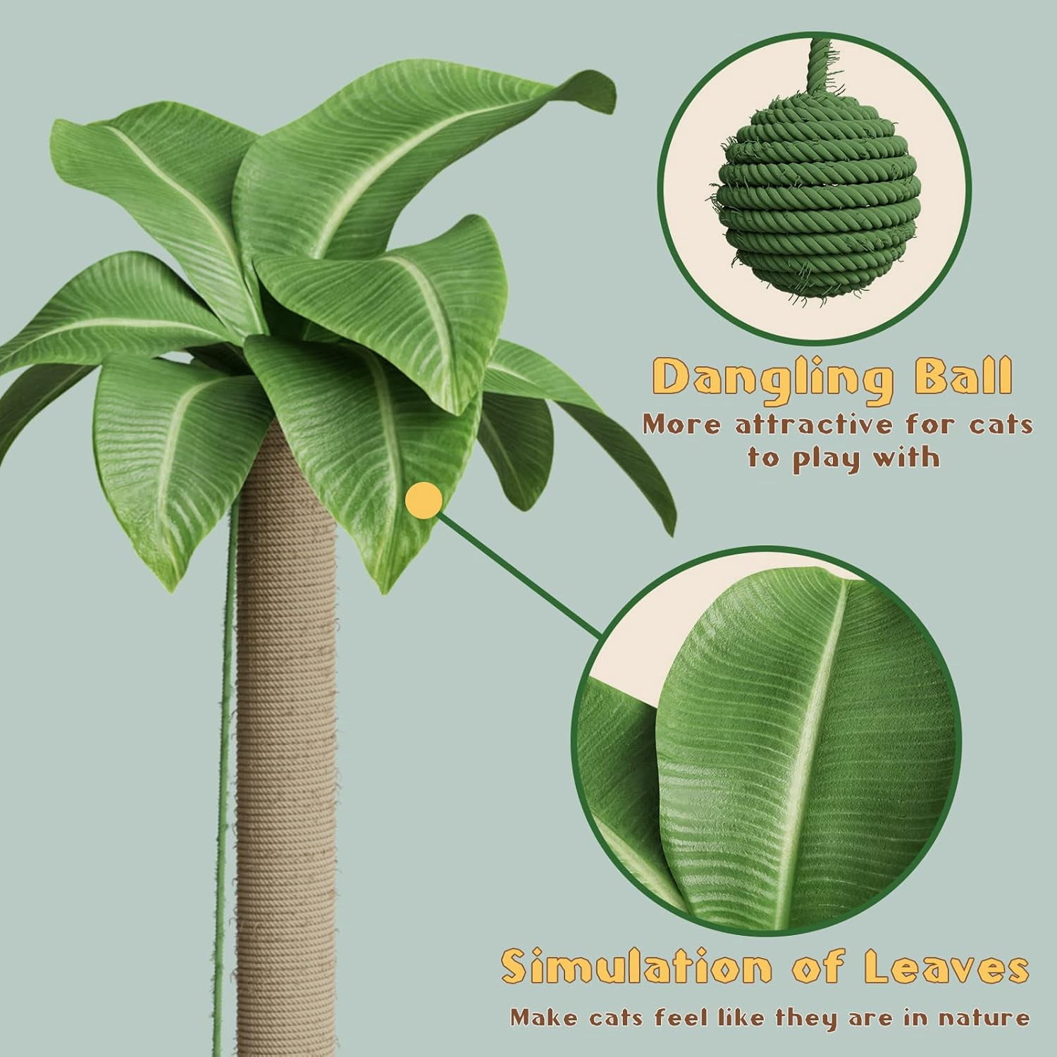Cat Scratching Post for Indoor Cats, 33.5" H Sisal Rope Scratching Posts with Simulated Leaves, Kitten Scratcher with Soft Platform and Hanging Ball - 1 Cat Teasing Stick and 2 Catnip