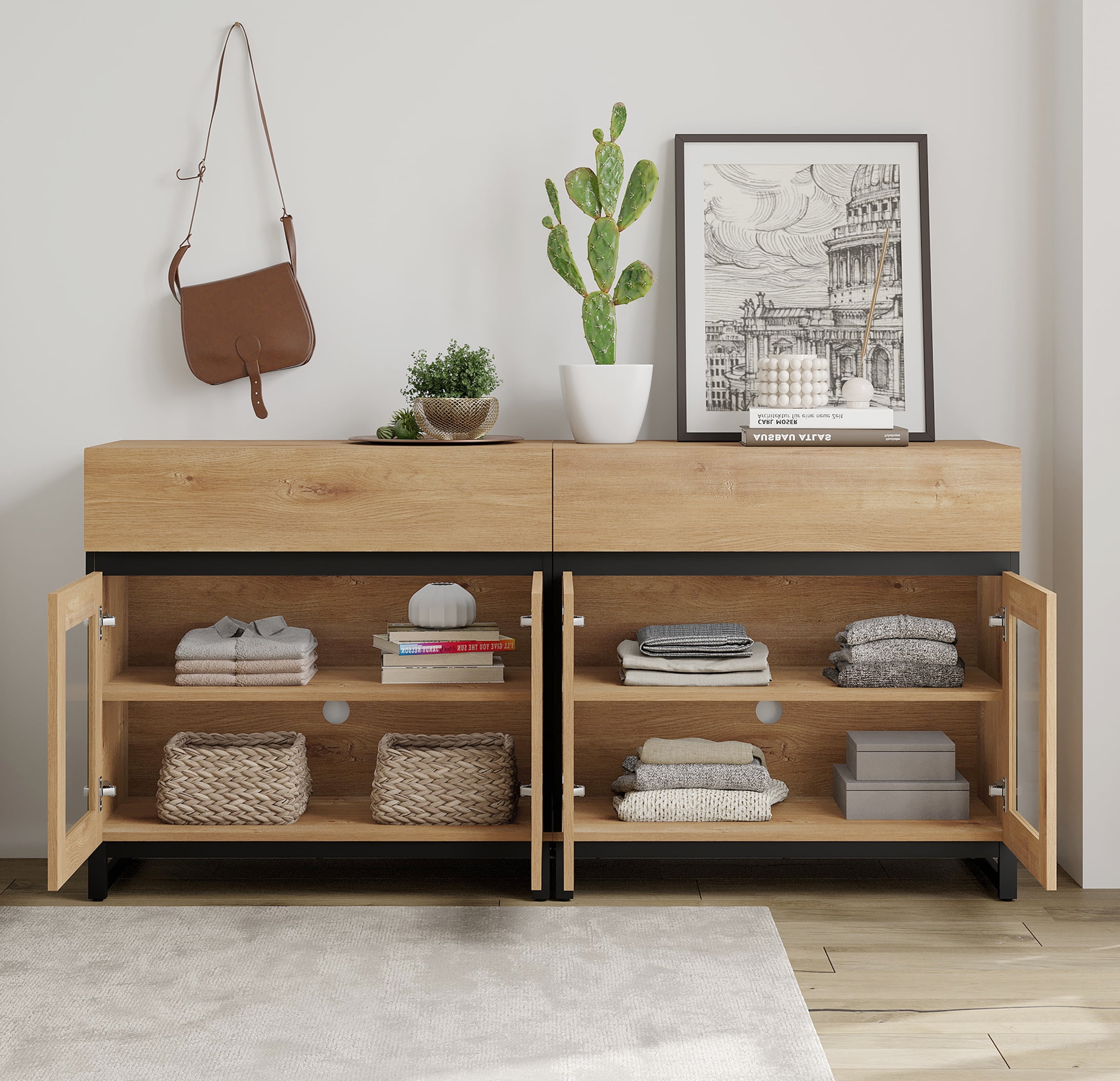 WAMPAT 2-in-1 Modern TV Stand with Glass Doors & 2 Drawers, Metal Base Entertainment Center for 70 Inch TVs, Media Console for Living Room & Bedroom