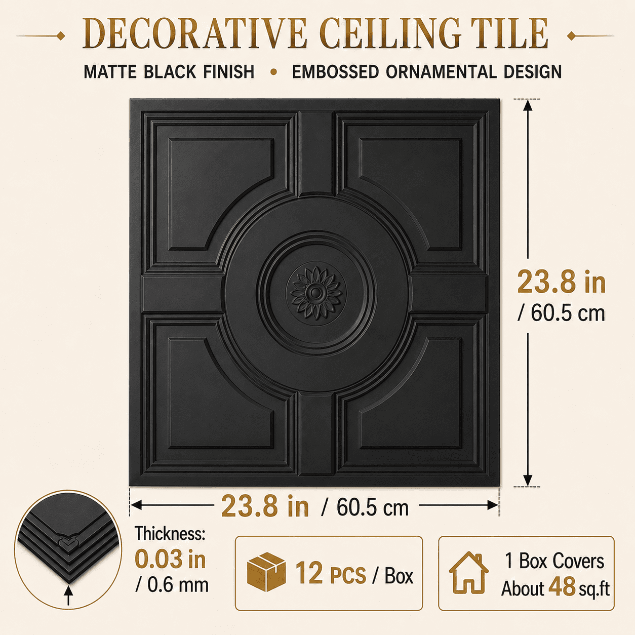 Yeslife 12-Pack Decorative Ceiling Tiles, 2 x 2 ft, Black Embossed, Waterproof Drop-in Glue-up, 48 sq ft