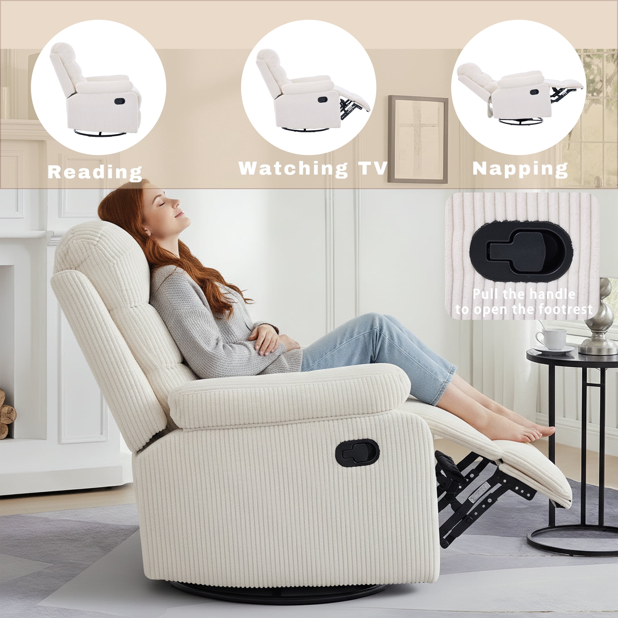 GAOHAPY Rocking Recliner Chair,Modern Swivel Glider Recliner Chair,Corduroy Fabric Upholstery Recliner,Manual Reclining Sofa Chair for Living Room,Office,Apartment,Beige