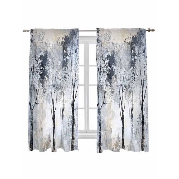Grey Forest Curtains 63 Inch Length, Sheer Curtains for Bedroom Living Room Window Abstract Vintage Oil Painting Trees Rod Pocket Voile Drapes Kitchen Curtains Small Half Window 42"x63" 2 Panels