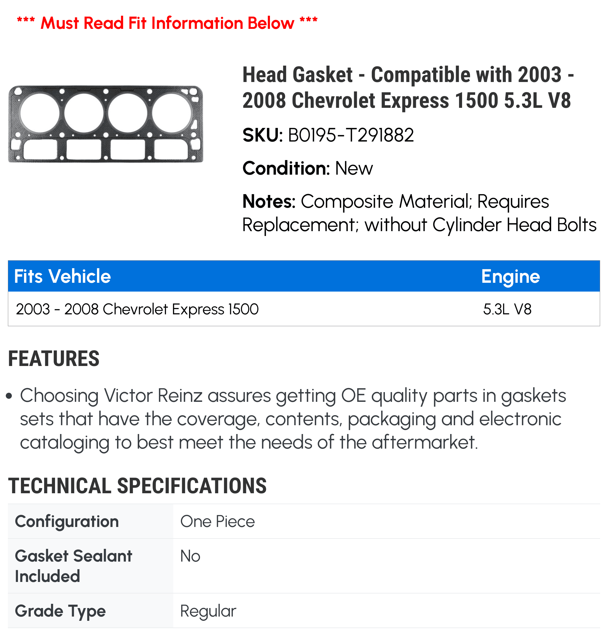 Chevy Head Gasket Set 02-08 Express Silverado Tahoe Suburban - Foto 10
