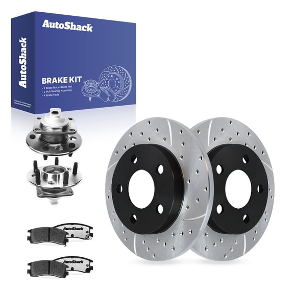 AutoShack Rear Solid Drilled & Slotted E-Coated Brake Rotors   Ceramic Pads   Hub Bearing Assembly 8-PC Brake Kit Replacement for 2010 Chevrolet Impala ShadowGuard 10.63" (269.9 mm)