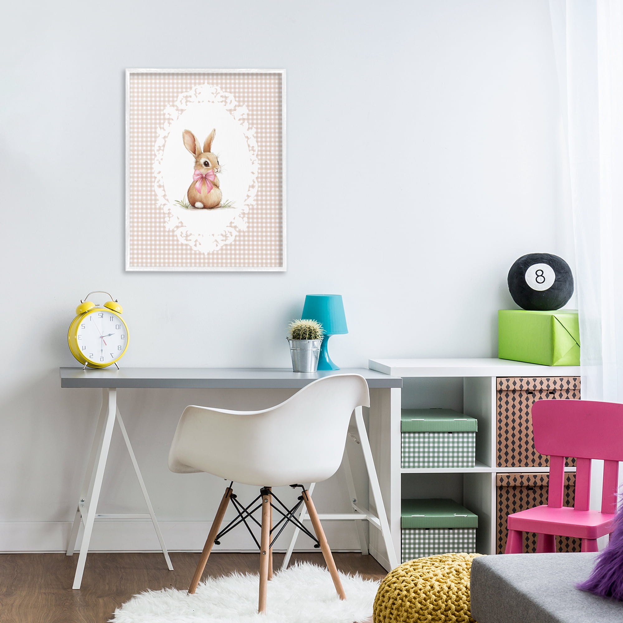 Stupell Industries Vintage Bow & Gingham Bunny White Framed Giclee Art, design by Christine Simpson Art