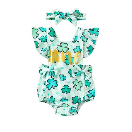 

ESASSALY Baby Girl Bunny/Shamrock Print Flying Sleeve Romper with Bow Headband