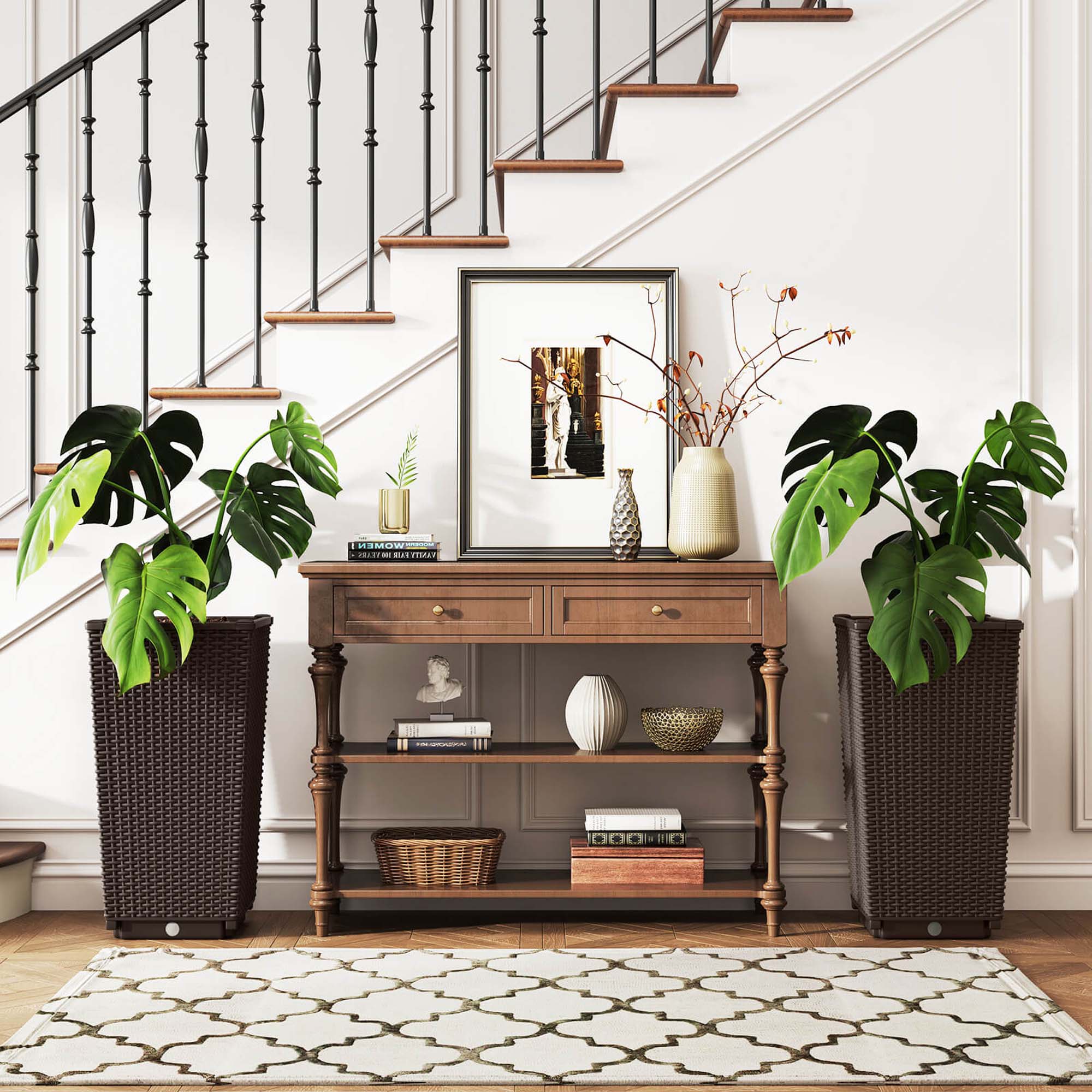 Costway 23" Tall Planters Set of 2 Rattan Wicker Plant Pot Self-watering Tree Pot Brown