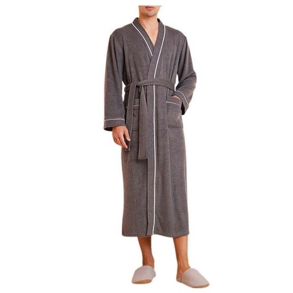 Mens Bathrobe Square Spa Kimono Bathrobe Soft Light Hotel Bathrobe Long Sleeve Robe Men Dark Gray M
