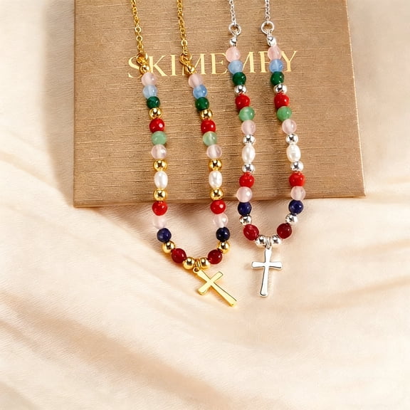 14K Gold/Silver Plated Dainty Adjustable Chain Trendy Jewelry Gift Colorful Beaded Cross Necklace for for Women
