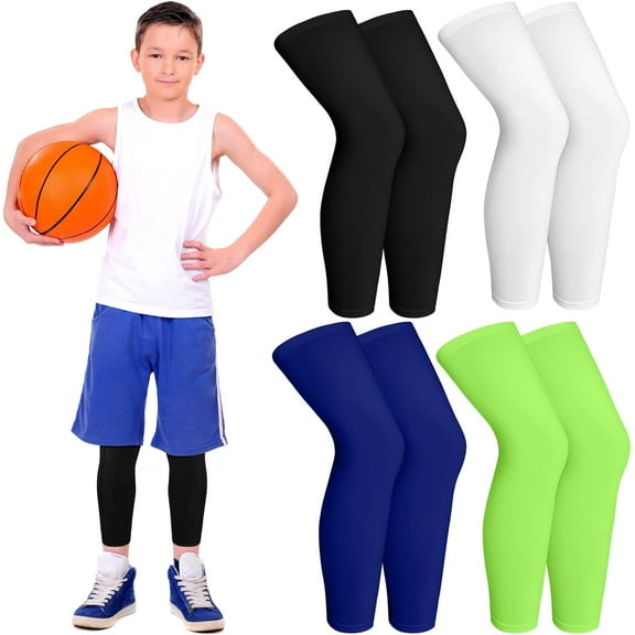 4Pairs Kids Long Compression Boys Leg Sleeves Non Slip UV Protection Thigh Calf for Kids Boy Girl Youth Legs Sleeve Basketball Running Sport (Black, White, Blue, Green)