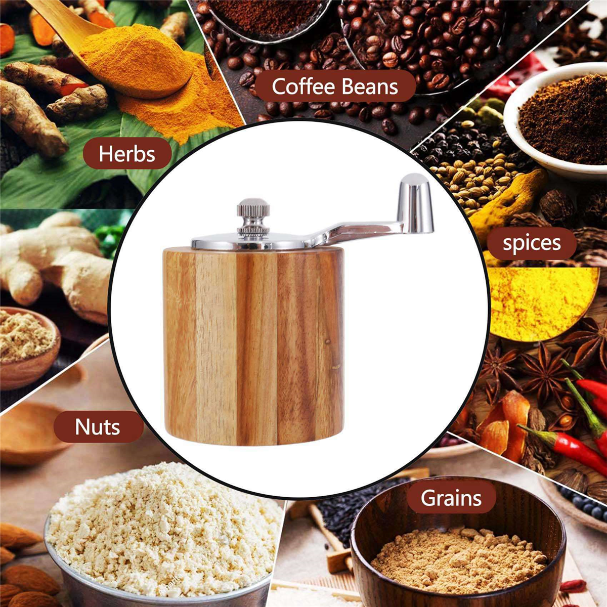5X Pepper Mill, Hand Crank Wood Pepper Grinder with Classic Handle and Adjustable Ceramic Rotor