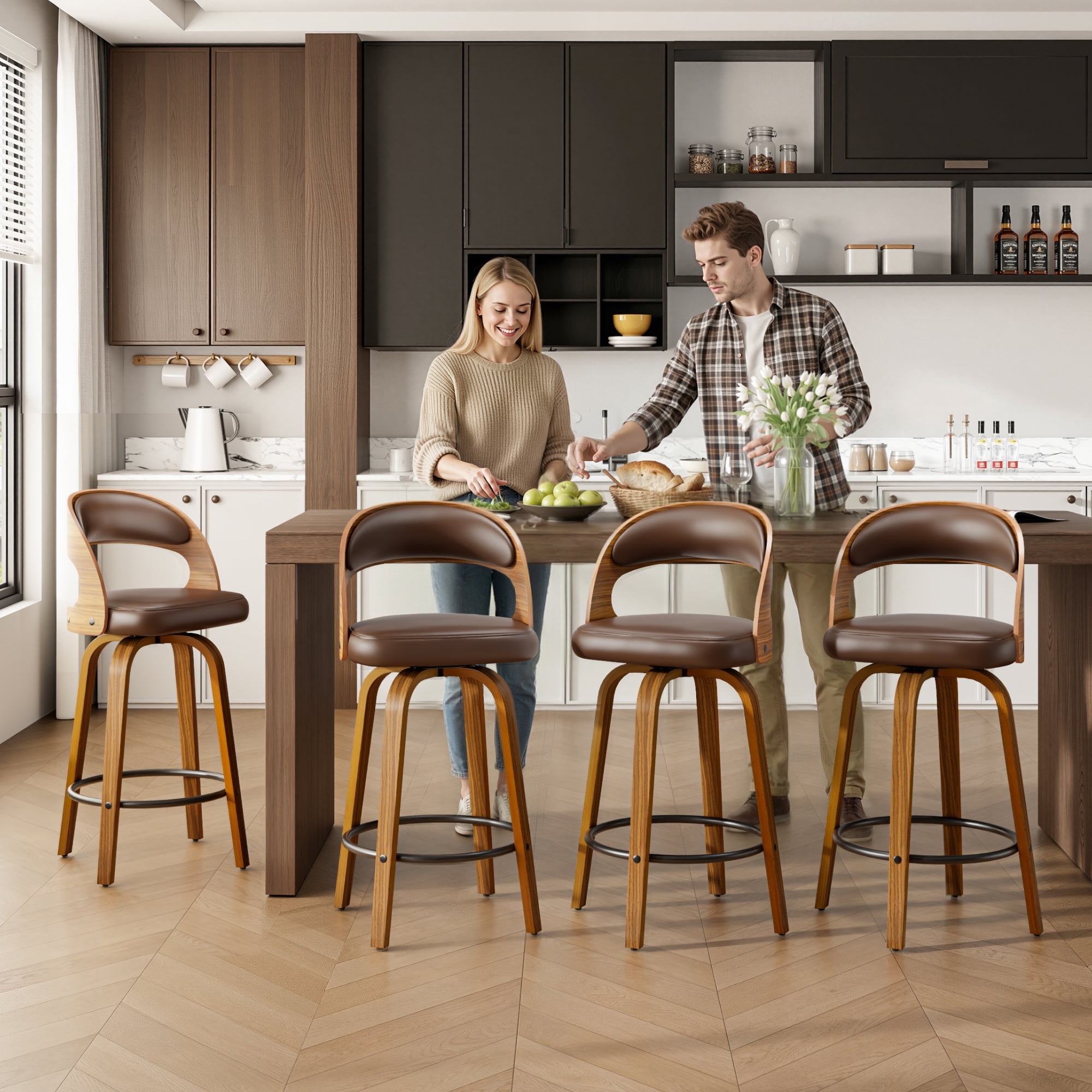 SUNCOZE Bar Stools Set of 2, 26 Inch Counter Height Modern Swivel Bar Chairs with PU Leather Upholstery and Solid Wood Legs, for Kitchen Island or Home Bar, Brown