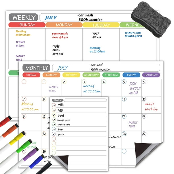 Calendrier magnétique effaçable à sec Tableau blanc Aimant de réfrigérateur  Autocollants de message quotidiens flexibles inclus Calendrier mensuel hebdomadaire  Tableau blanc 5 stylos 1 gomme pour organisateur Agenda Planificateur Liste  de tâches 