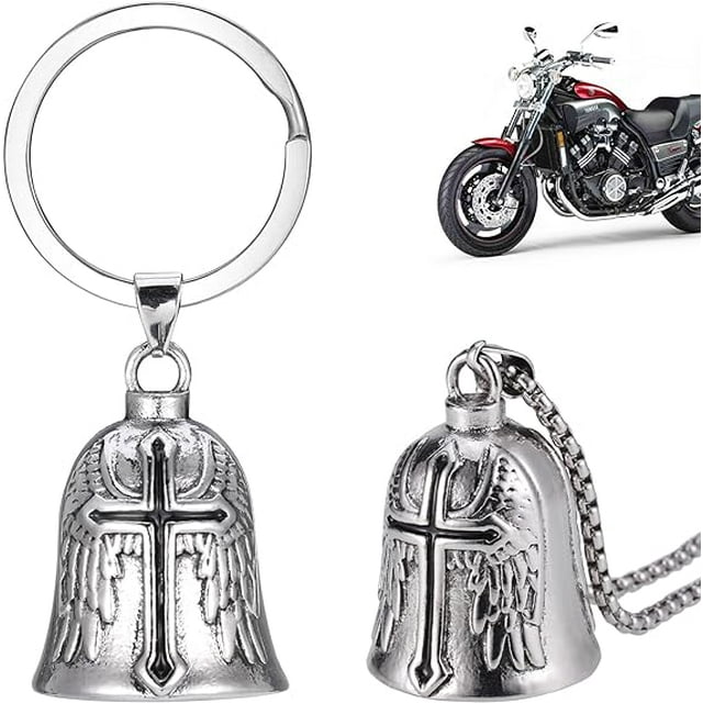 Campana de la guarda de la motocicleta de 2 piezas, campana de montar del ángel de la guarda con cadena, campanas de motocicleta de acero inoxidable, campana de la suerte