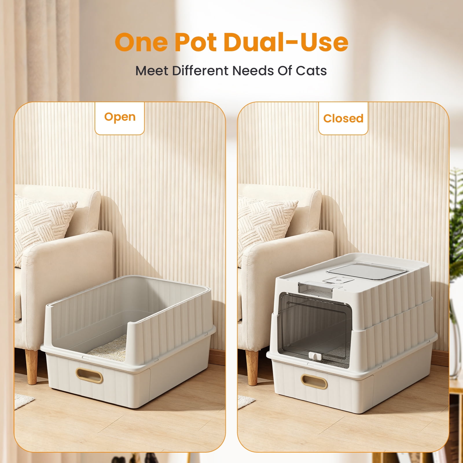 Enclosed Cat Litter Box, Large Litter Box Enclosure with Front Door Flap and Scoop(White)