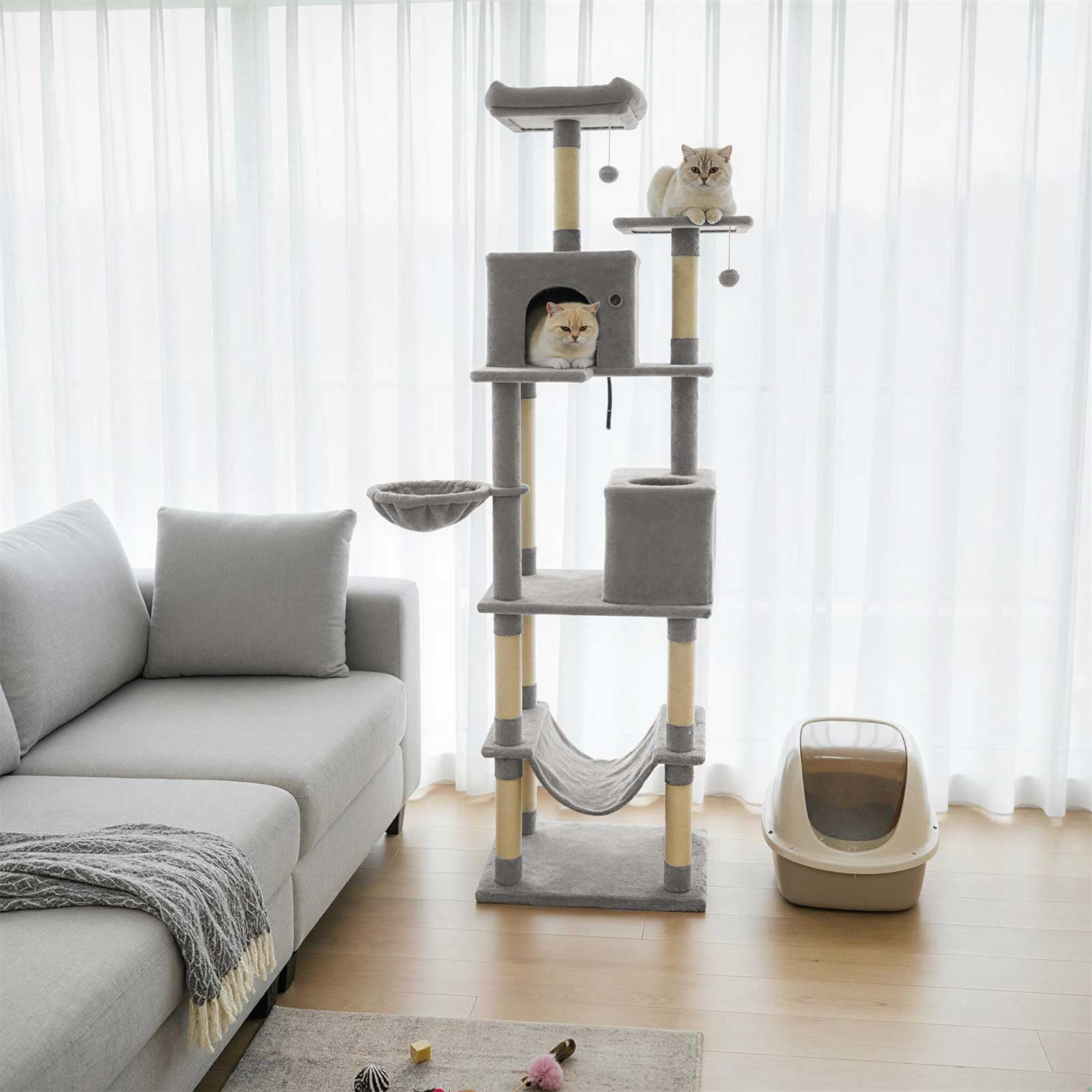 Gymax 80'' Tall Cat Tree w/2 Condos Sisal Scratching Posts Plush Perch Hammock Basket Light Gray