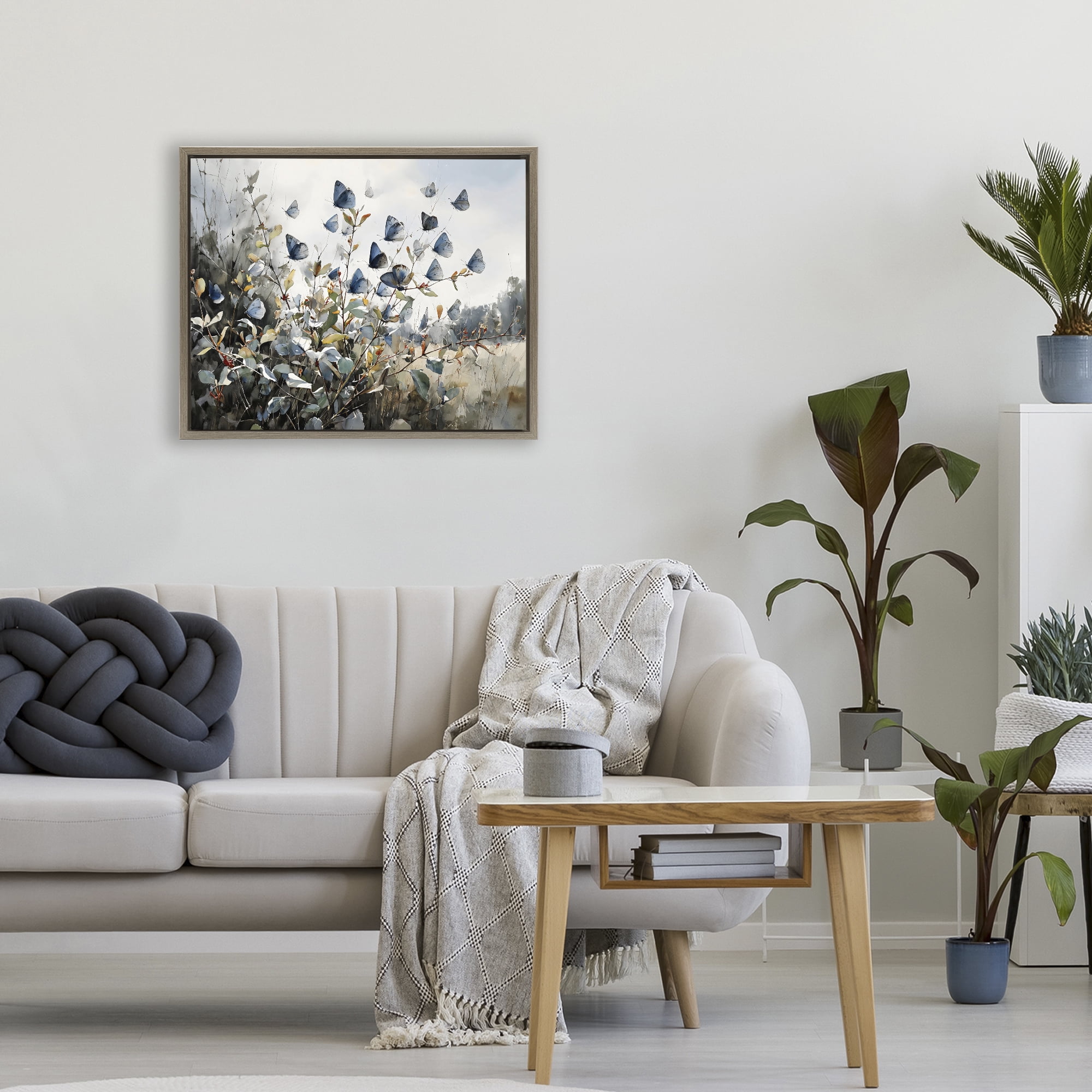 Stupell Industries Blue Butterflies Among Meadow Leaves Brown Framed Floater Canvas Wall Art, design by Franklyn Gregory