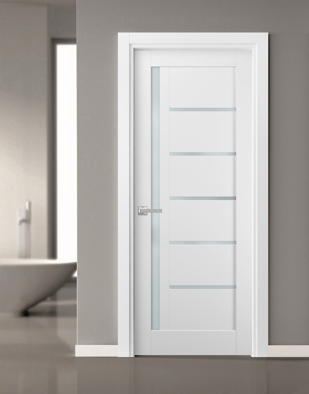 Pantry Kitchen Lite Door 24 x 80 with Hardware | Quadro 4088 White Silk with Frosted Opaque Glass | Single Panel Frame Trims | Bathroom Bedroom Sturdy Doors