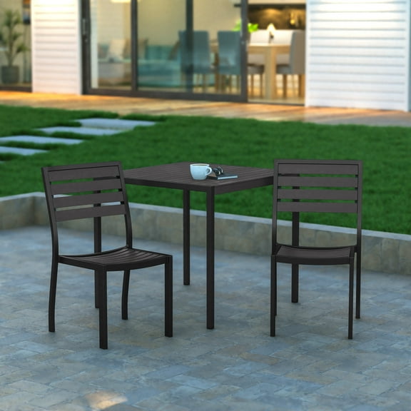 Emma   Oliver Set of Two Black Aluminum Armless Stacking Patio Chair with Gray Wash Finished Faux Teak Polyresin Slats on Seat & Back for Indoor/Outdoor Use