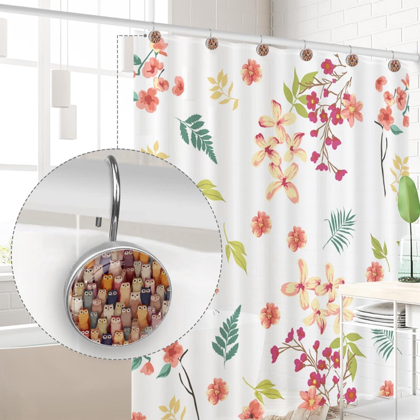 12pcs Decorative Shower Curtain Hooks, Rust Resistant Shower Rings for Bathroom Living Room,Rustproof Stainless Steel Rings for Shower Curtain and Liner Rods,Owls Background